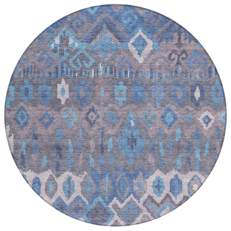 8' Blue Gray And Ivory Round Geometric Washable Indoor Outdoor Area Rug