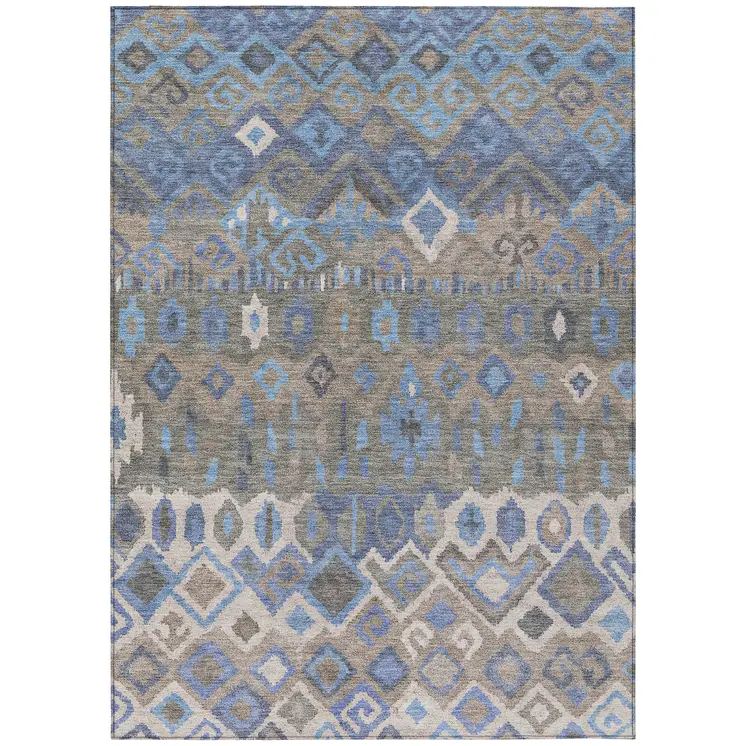 10' X 14' Denim Blue Gray And Ivory Geometric Washable Indoor Outdoor Area Rug