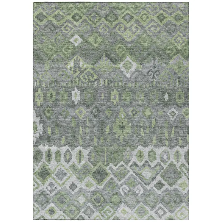 5' X 8' Gray Green And Ivory Geometric Washable Indoor Outdoor Area Rug