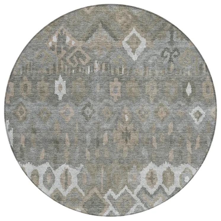 8' Pewter Ivory And Tan Round Geometric Washable Indoor Outdoor Area Rug