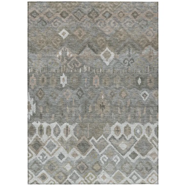 9' X 12' Pewter Ivory And Tan Geometric Washable Indoor Outdoor Area Rug