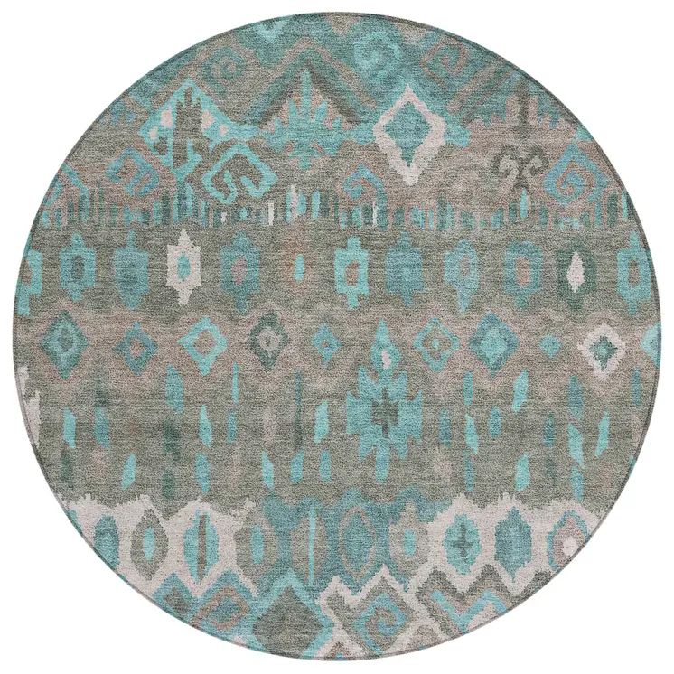 8' Teal Blue Gray And Ivory Round Geometric Washable Indoor Outdoor Area Rug