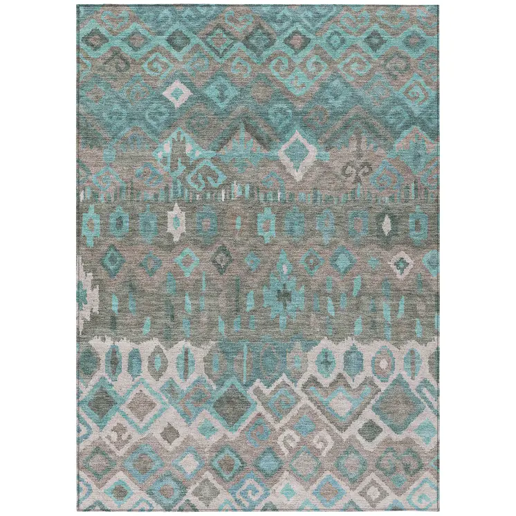8' X 10' Teal Blue Gray And Ivory Geometric Washable Indoor Outdoor Area Rug