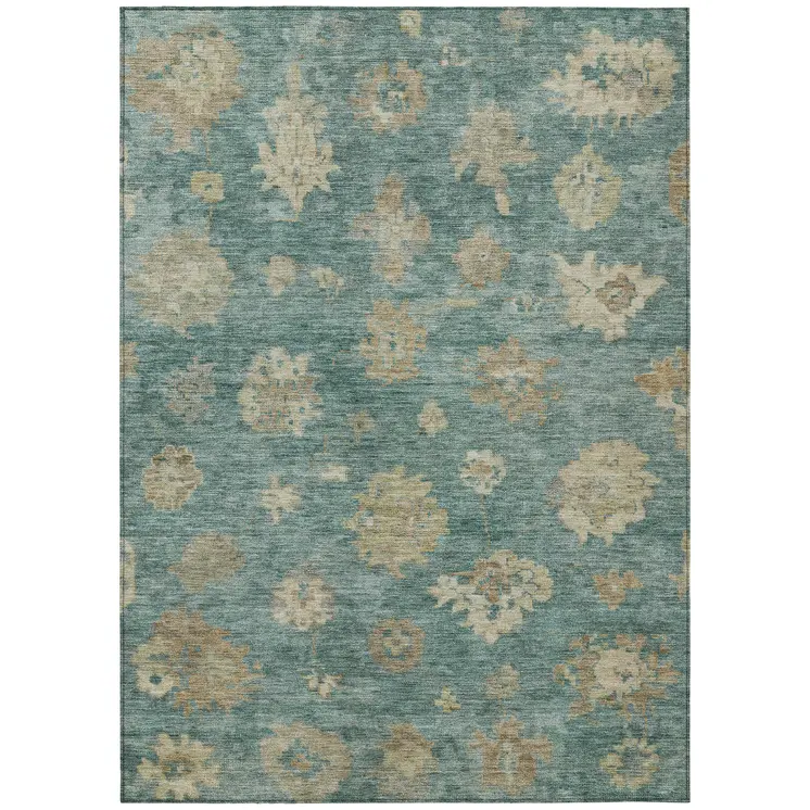 3' X 5' Artichoke Green Beige And Tan Floral Washable Indoor Outdoor Area Rug