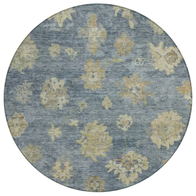 8' Blue And Beige Round Floral Washable Indoor Outdoor Area Rug