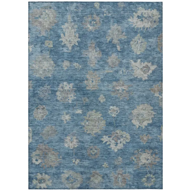 8' X 10' Denim Blue And Gray Floral Washable Indoor Outdoor Area Rug