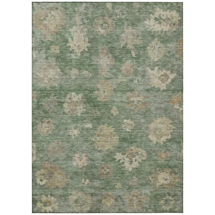 5' X 8' Fern Green And Beige Floral Washable Indoor Outdoor Area Rug