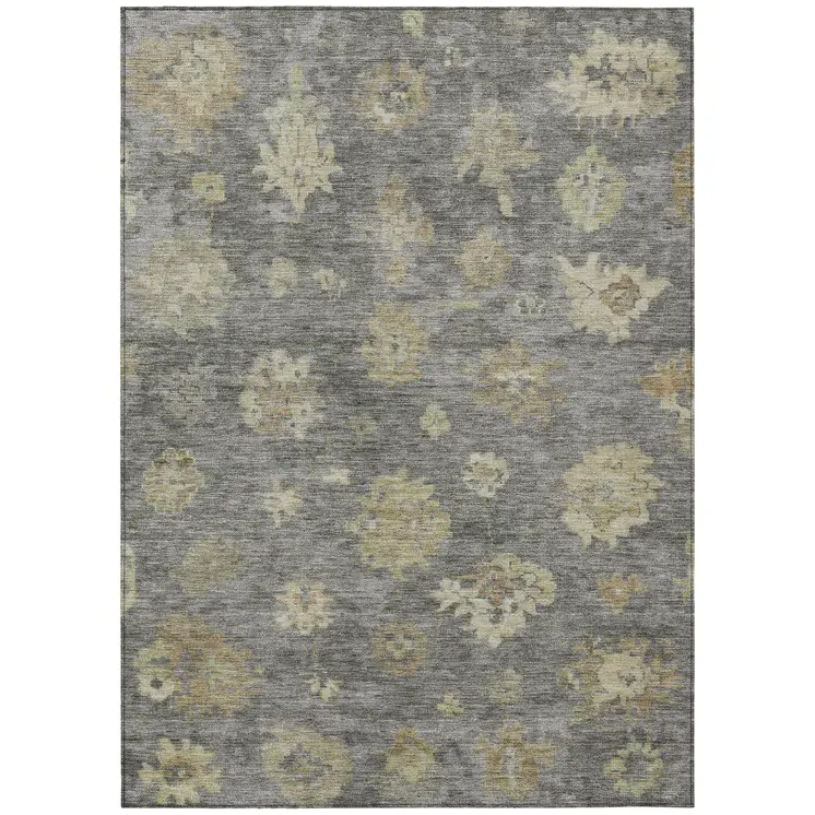 3' X 5' Pewter Gold And Beige Floral Washable Indoor Outdoor Area Rug
