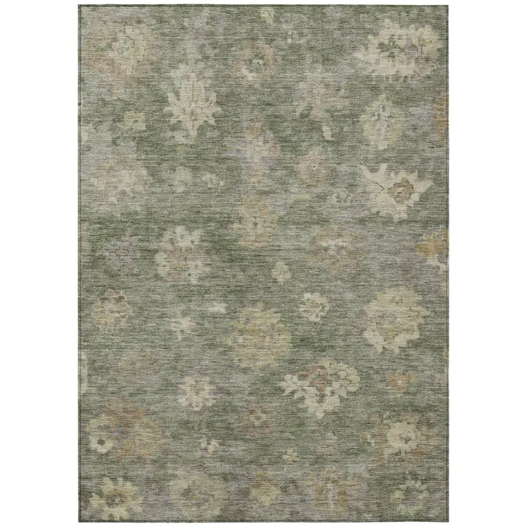 5' X 8' Sage And Beige Floral Washable Indoor Outdoor Area Rug