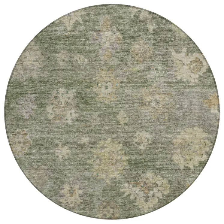 8' Sage And Beige Round Floral Washable Indoor Outdoor Area Rug