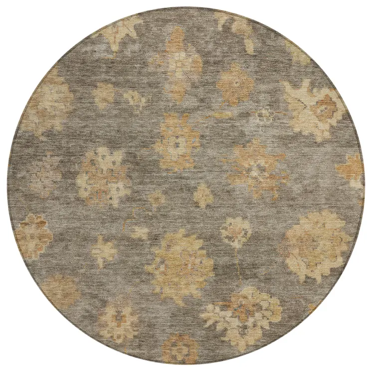 8' Taupe Beige And Brown Round Floral Washable Indoor Outdoor Area Rug