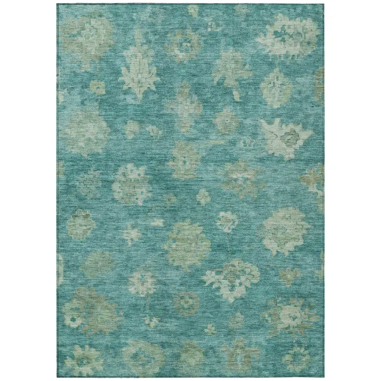 9' X 12' Teal Blue And Fern Green Floral Washable Indoor Outdoor Area Rug
