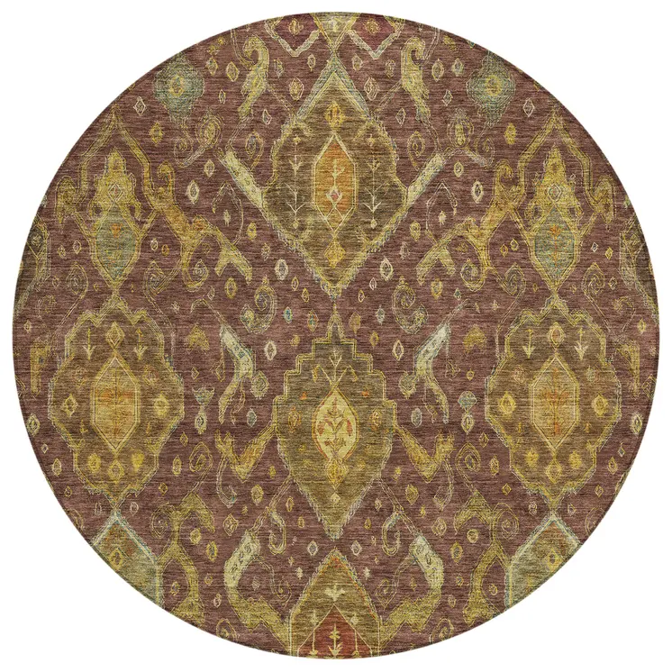 8' Burgundy Gold And Copper Round Ikat Washable Indoor Outdoor Area Rug