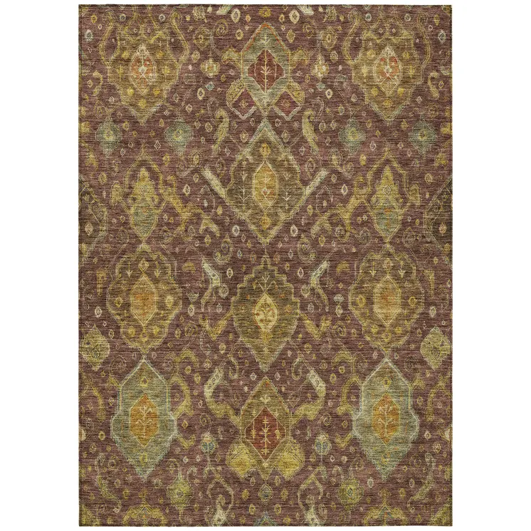 9' X 12' Burgundy Gold And Copper Ikat Washable Indoor Outdoor Area Rug