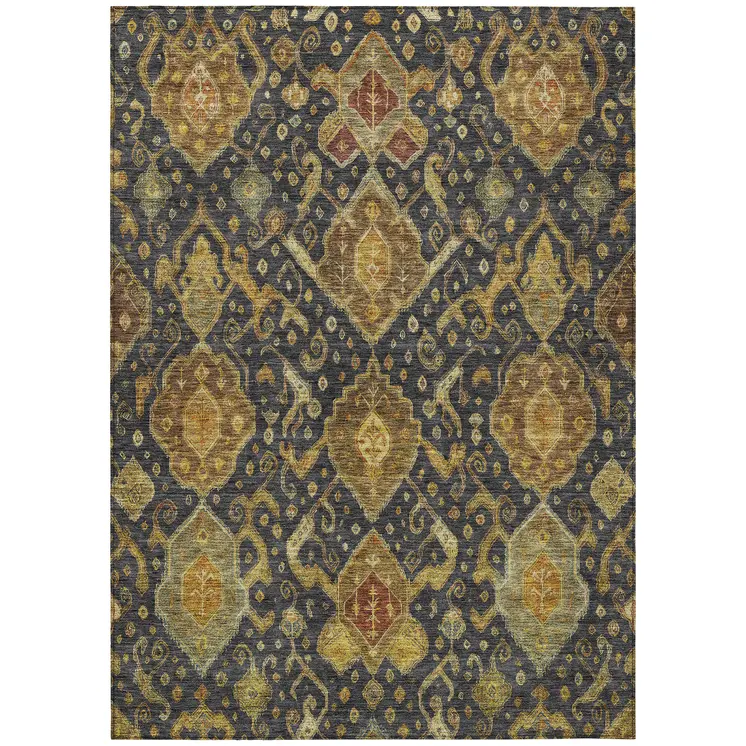 3' X 5' Charcoal Gold And Copper Ikat Washable Indoor Outdoor Area Rug