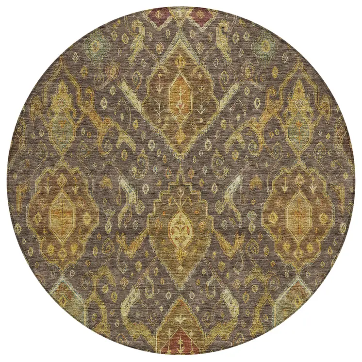 8' Chocolate Gold And Burgundy Round Ikat Washable Indoor Outdoor Area Rug