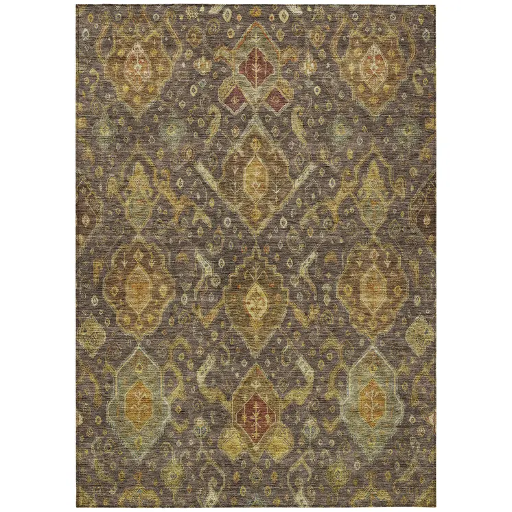 9' X 12' Chocolate Gold And Burgundy Ikat Washable Indoor Outdoor Area Rug