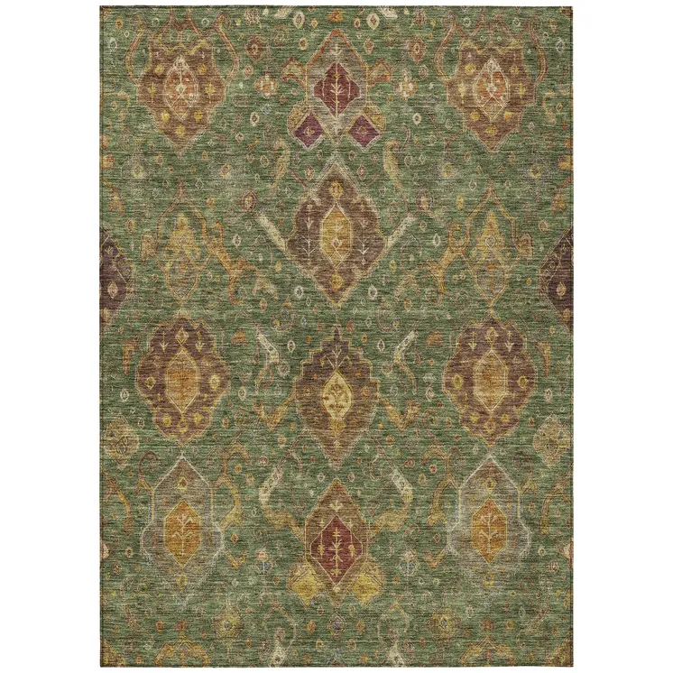 3' X 5' Fern Green Brown And Gold Ikat Washable Indoor Outdoor Area Rug