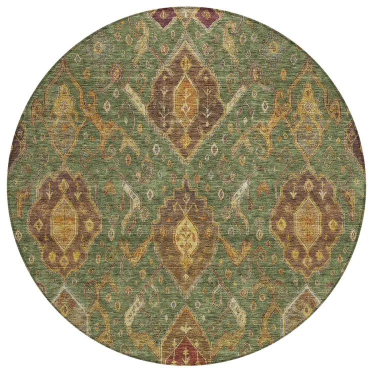 8' Fern Green Brown And Gold Round Ikat Washable Indoor Outdoor Area Rug