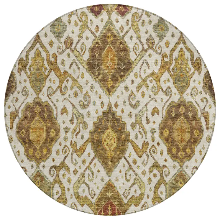 8' Ivory Brown And Gold Round Ikat Washable Indoor Outdoor Area Rug