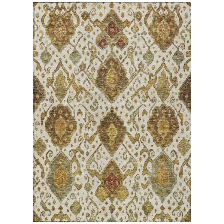 9' X 12' Ivory Brown And Gold Ikat Washable Indoor Outdoor Area Rug
