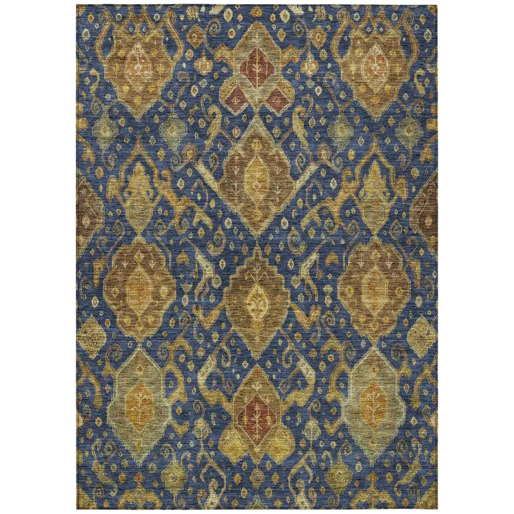 3' X 5' Navy Blue And Gold Ikat Washable Indoor Outdoor Area Rug