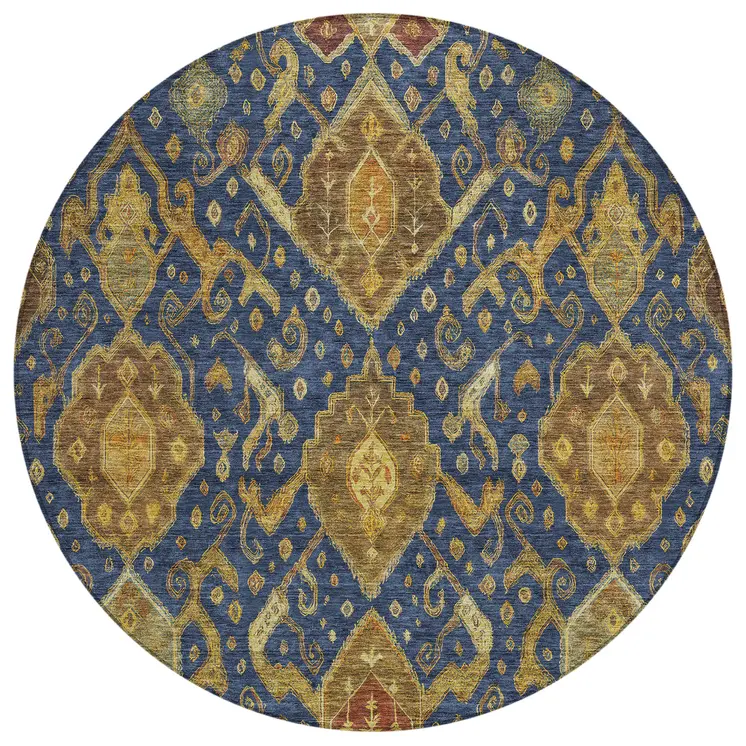 8' Navy Blue And Gold Round Ikat Washable Indoor Outdoor Area Rug