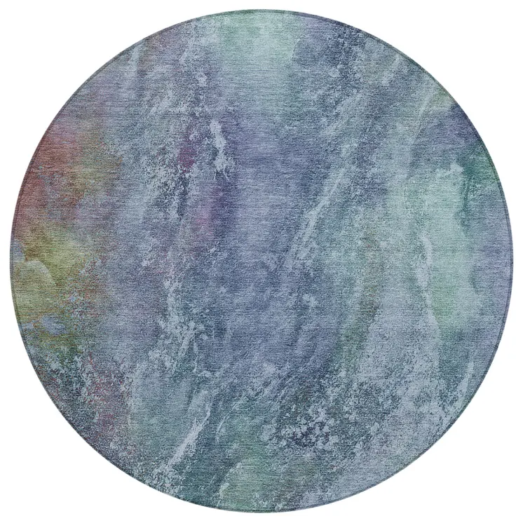8' Blue Gray And Green Round Abstract Washable Indoor Outdoor Area Rug