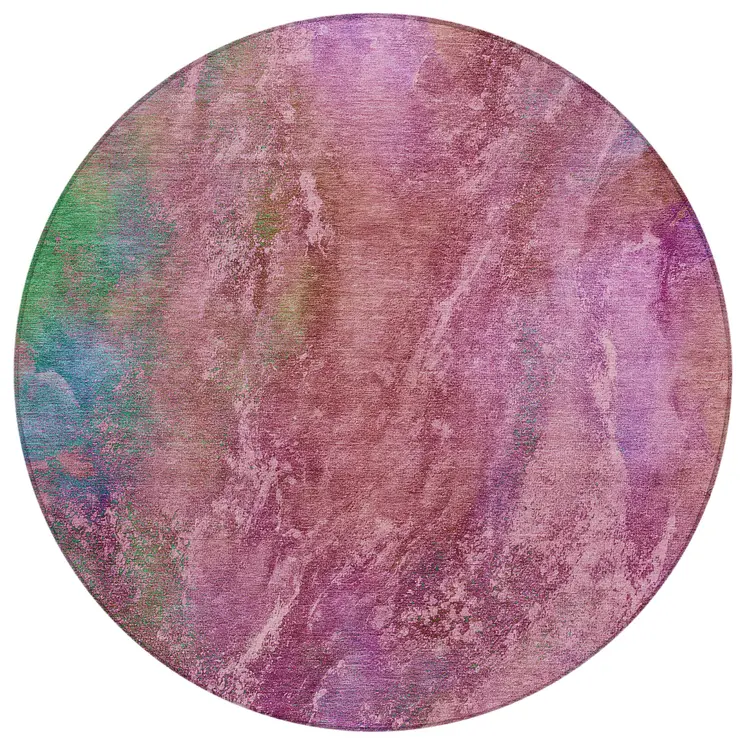 8' Blush Green And Purple Round Abstract Washable Indoor Outdoor Area Rug