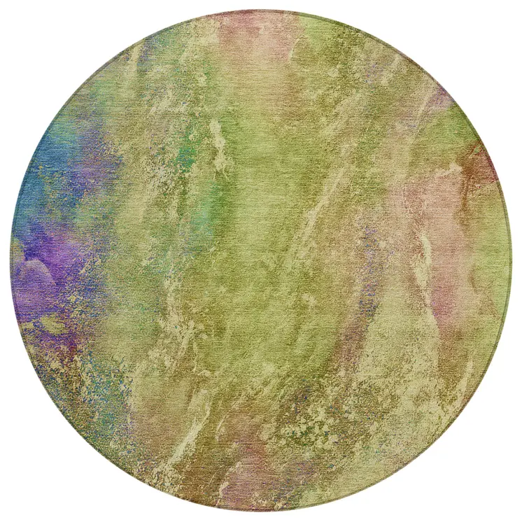 8' Green Pink And Blue Round Abstract Washable Indoor Outdoor Area Rug