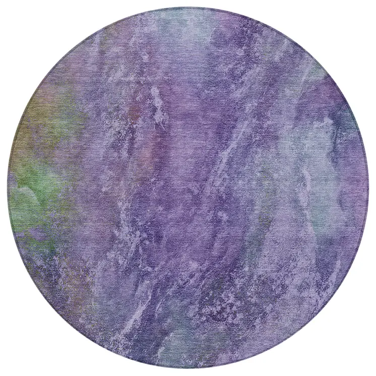 8' Purple And Green Round Abstract Washable Indoor Outdoor Area Rug