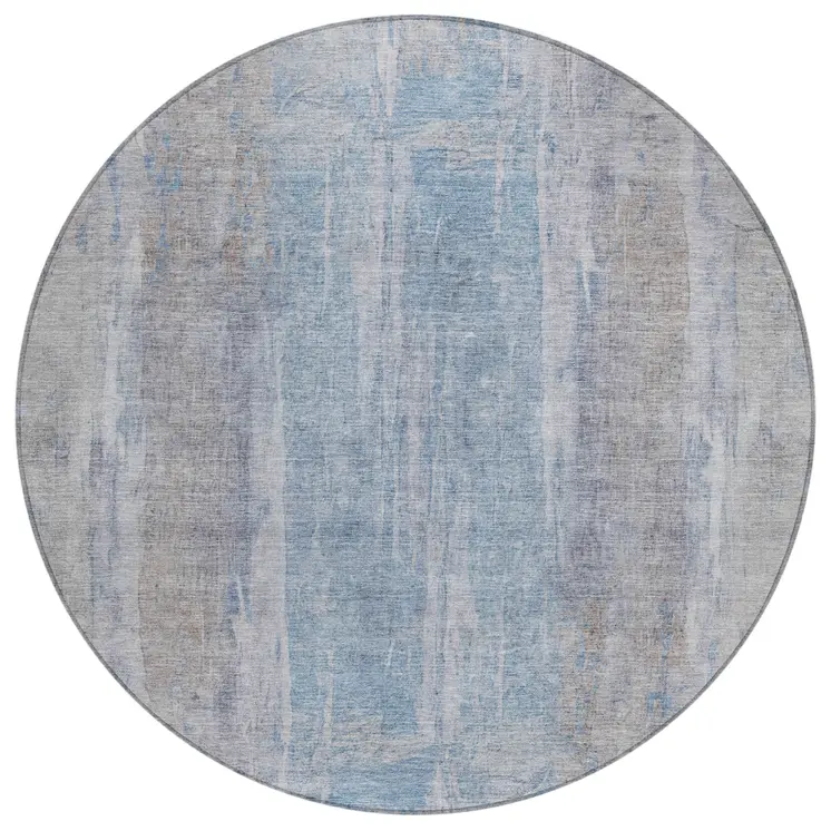 8' Beige And Blue Round Abstract Washable Indoor Outdoor Area Rug