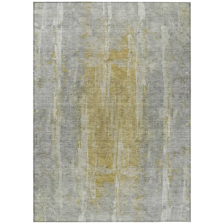9' X 12' Pewter And Gold Abstract Washable Indoor Outdoor Area Rug