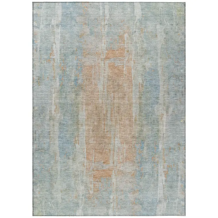 5' X 8' Sky Blue And Copper Abstract Washable Indoor Outdoor Area Rug