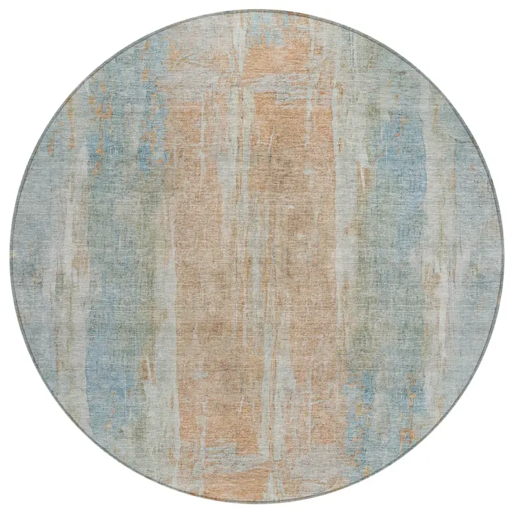 8' Sky Blue And Copper Round Abstract Washable Indoor Outdoor Area Rug