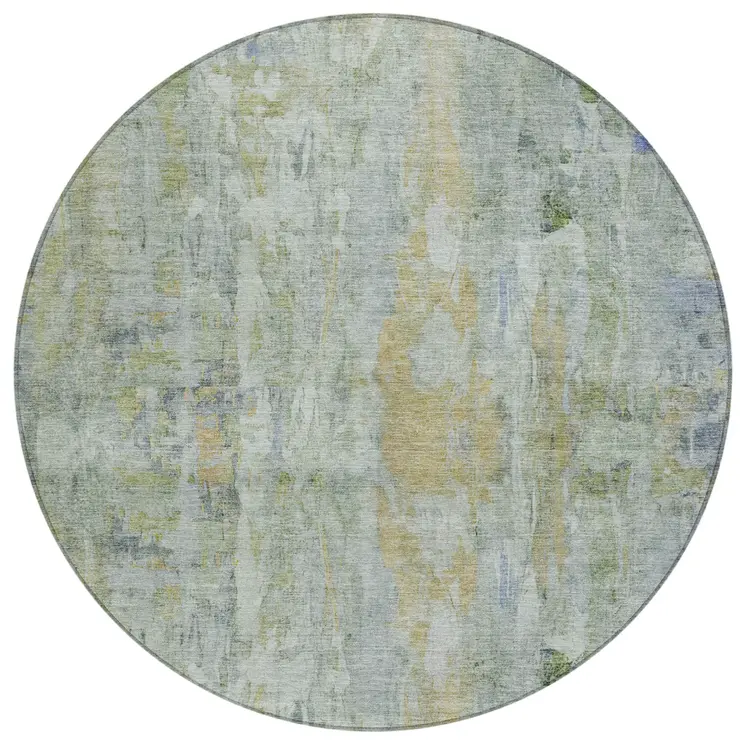 8' Artichoke Green And Blue Round Abstract Washable Indoor Outdoor Area Rug