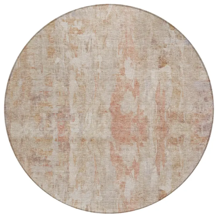 8' Beige And Salmon Round Abstract Washable Indoor Outdoor Area Rug
