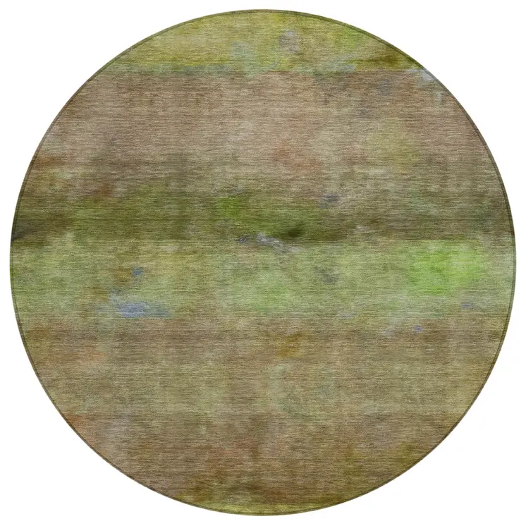 8' Olive Green And Brown Round Abstract Washable Indoor Outdoor Area Rug