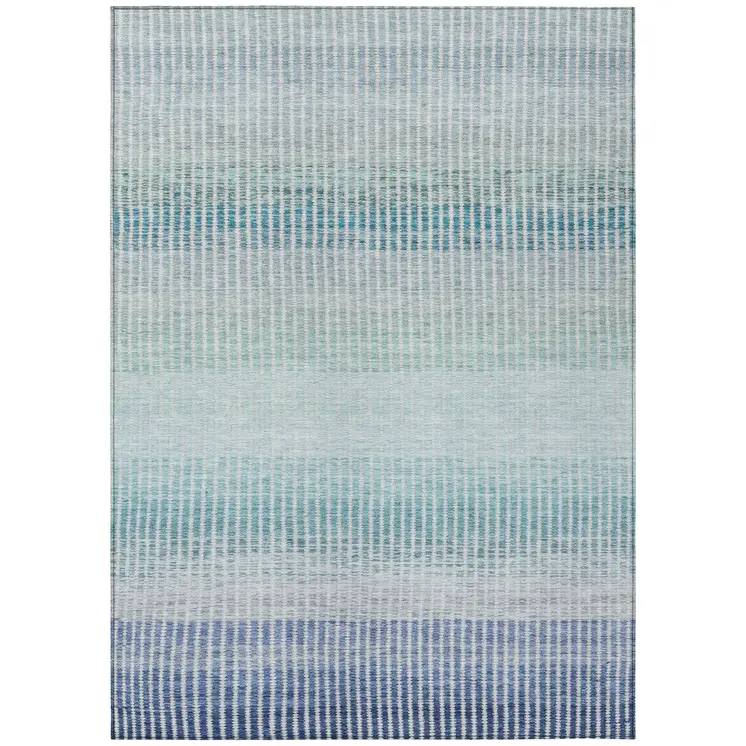 3' X 5' Blue Ivory And Gray Striped Washable Indoor Outdoor Area Rug