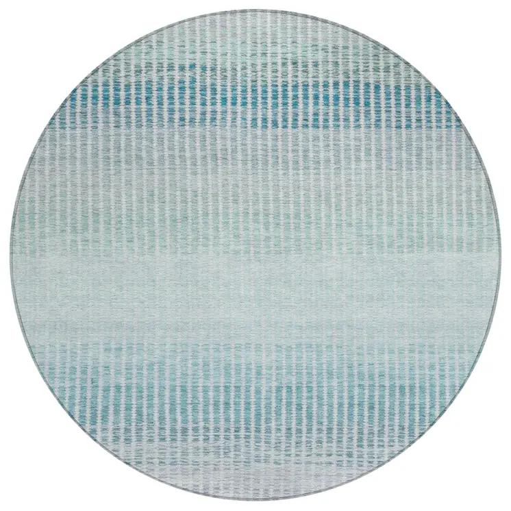8' Blue Ivory And Gray Round Striped Washable Indoor Outdoor Area Rug