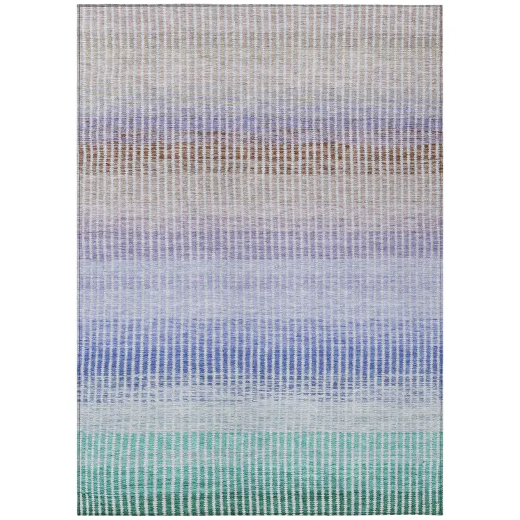 3' X 5' Green Lavender And Teal Blue Striped Washable Indoor Outdoor Area Rug