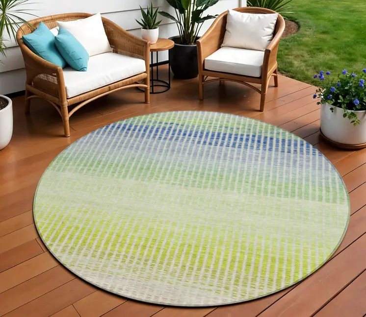 8' Chili Red Green And Blue Round Striped Washable Indoor Outdoor Area Rug