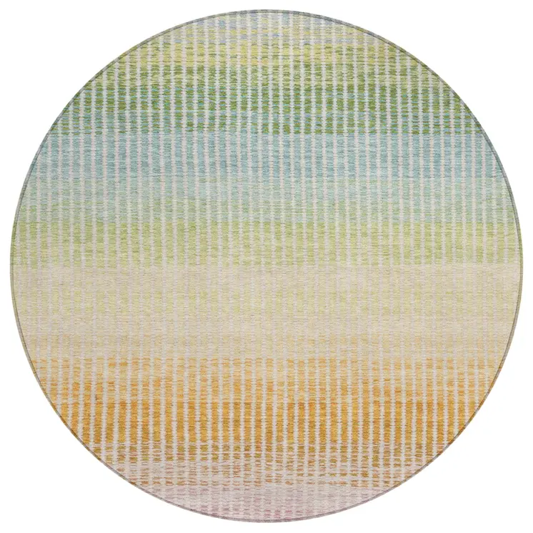 8' Salmon Blue And Peach Round Striped Washable Indoor Outdoor Area Rug