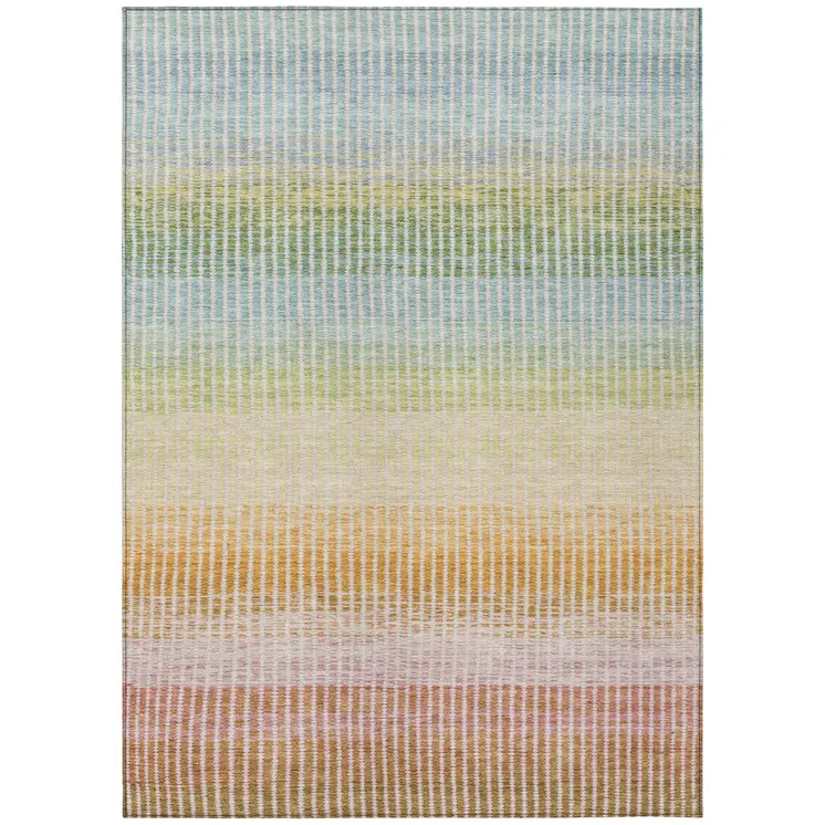 9' X 12' Salmon Blue And Peach Striped Washable Indoor Outdoor Area Rug