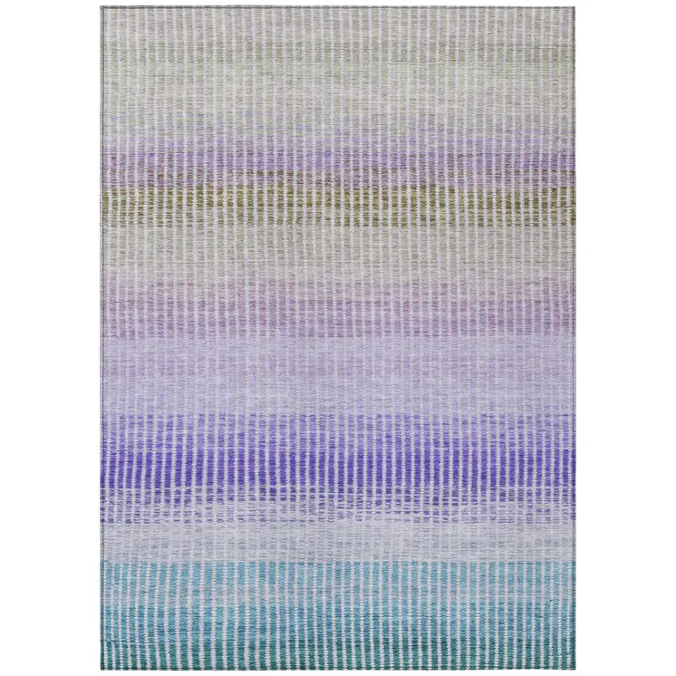 3' X 5' Teal Blue Purple And Gray Striped Washable Indoor Outdoor Area Rug