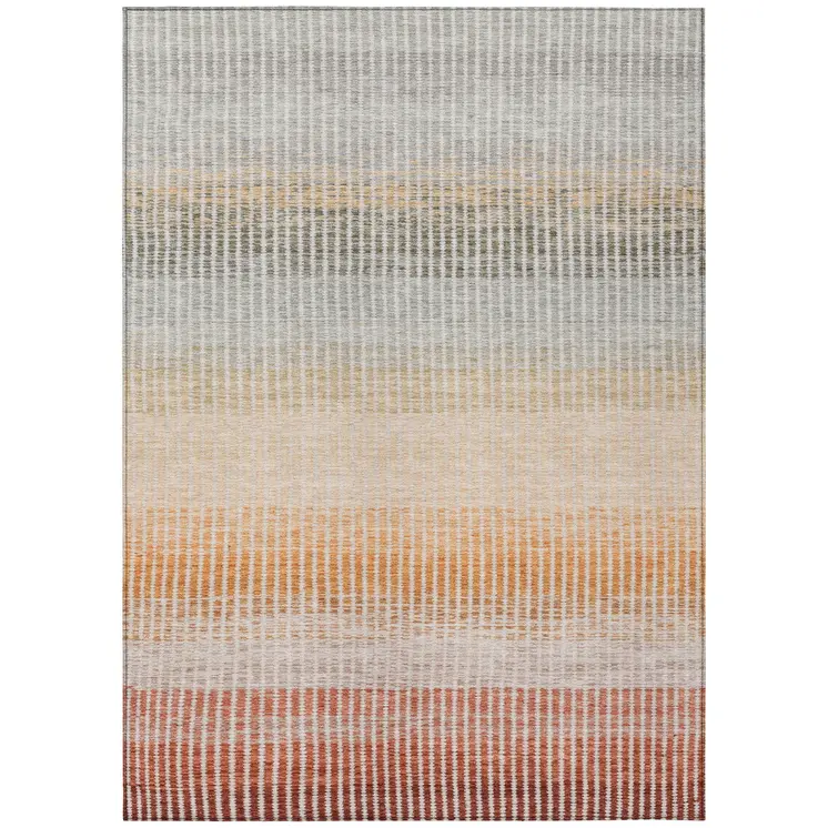 9' X 12' Terra Cotta Orange And Gray Striped Washable Indoor Outdoor Area Rug