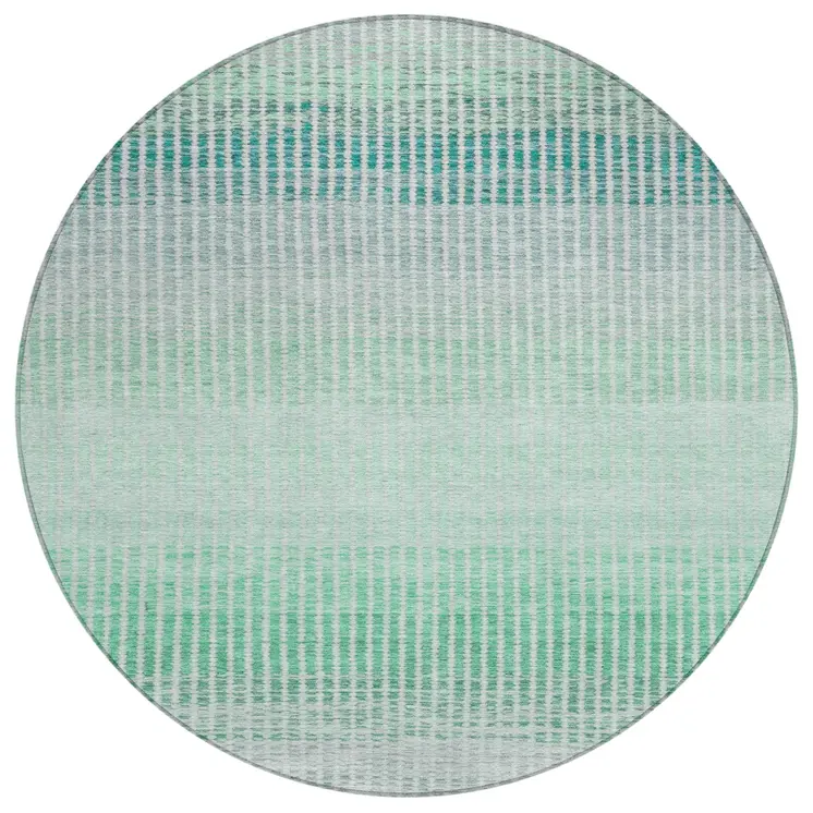 8' Turquoise Ivory And Gray Round Striped Washable Indoor Outdoor Area Rug