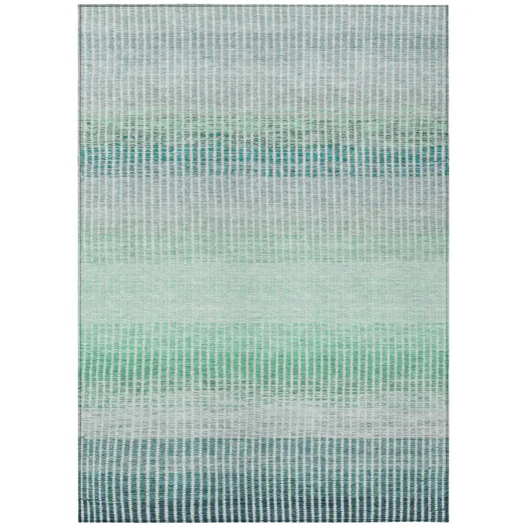 8' X 10' Turquoise Ivory And Gray Striped Washable Indoor Outdoor Area Rug