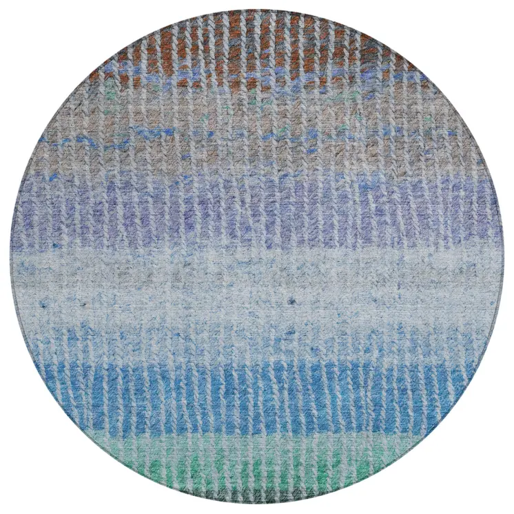 8' Blue Brown And Green Round Striped Washable Indoor Outdoor Area Rug