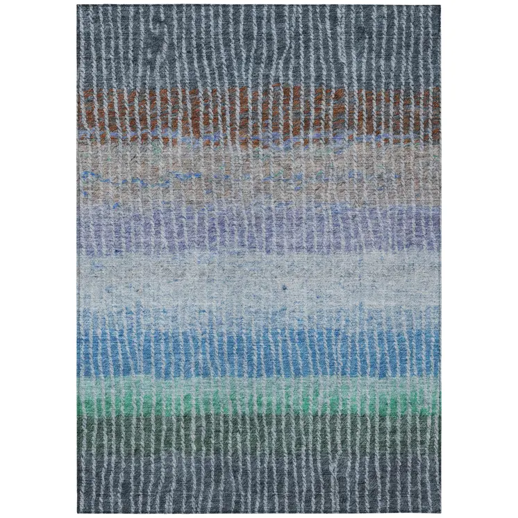 10' X 14' Blue Brown And Green Striped Washable Indoor Outdoor Area Rug
